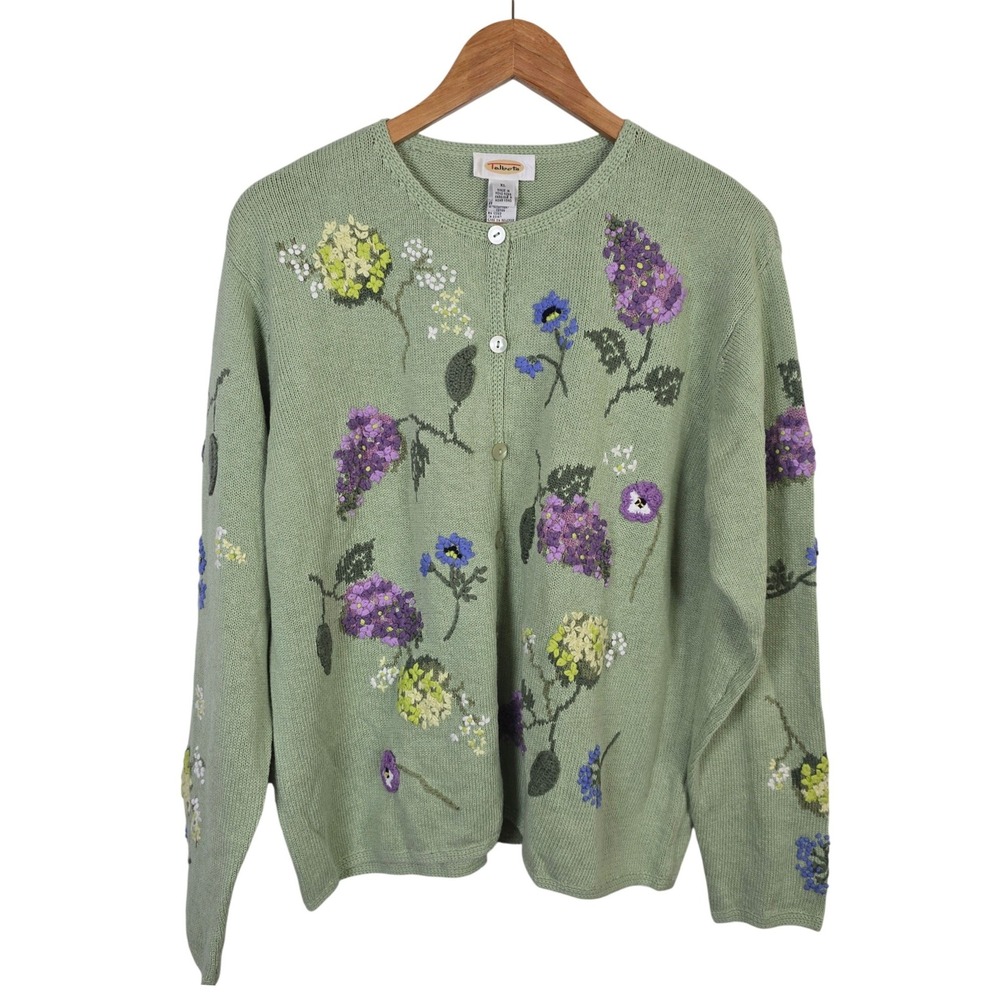Talbots XL Sage Green Linen Cotton Floral Embroidered Beaded Cardigan NWT